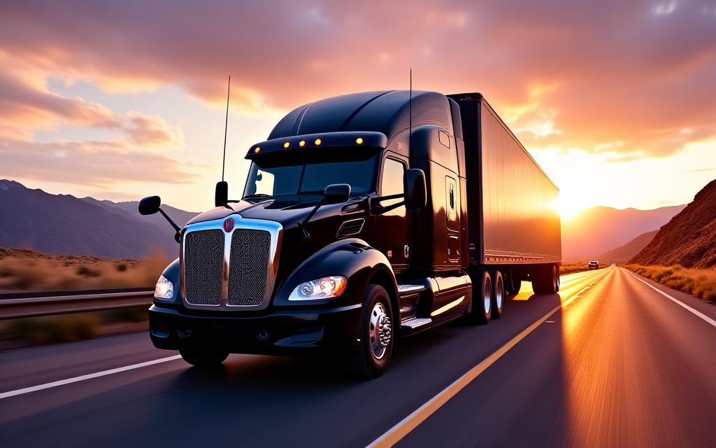 Modern semi-truck on a Colorado highway at dusk